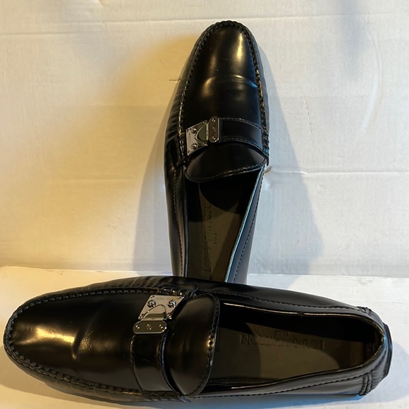 LOUIS VUITTON MENS EMBOSSED LOGO SLIP ON LOAFERS GENUINE LEATHER BLACK 10.5 Wide - Picture 1 of 10